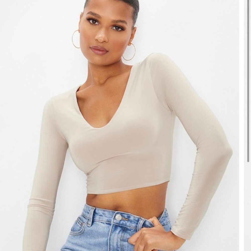 PLT Second Skin Long Sleeve V Neck Crop Top